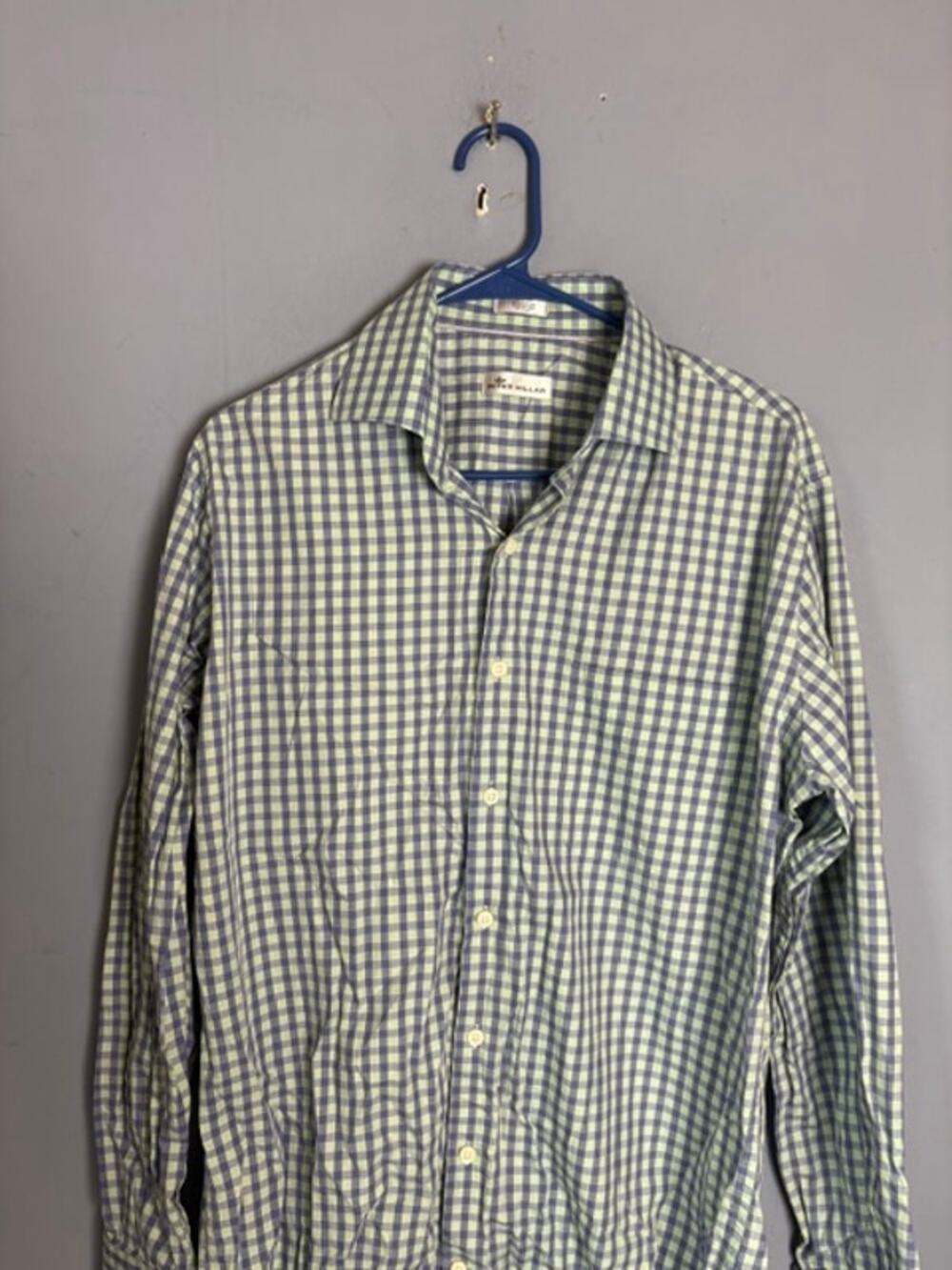Peter Millar Mens Green Blue Check Long Sleeve Button Shirt Size Medium